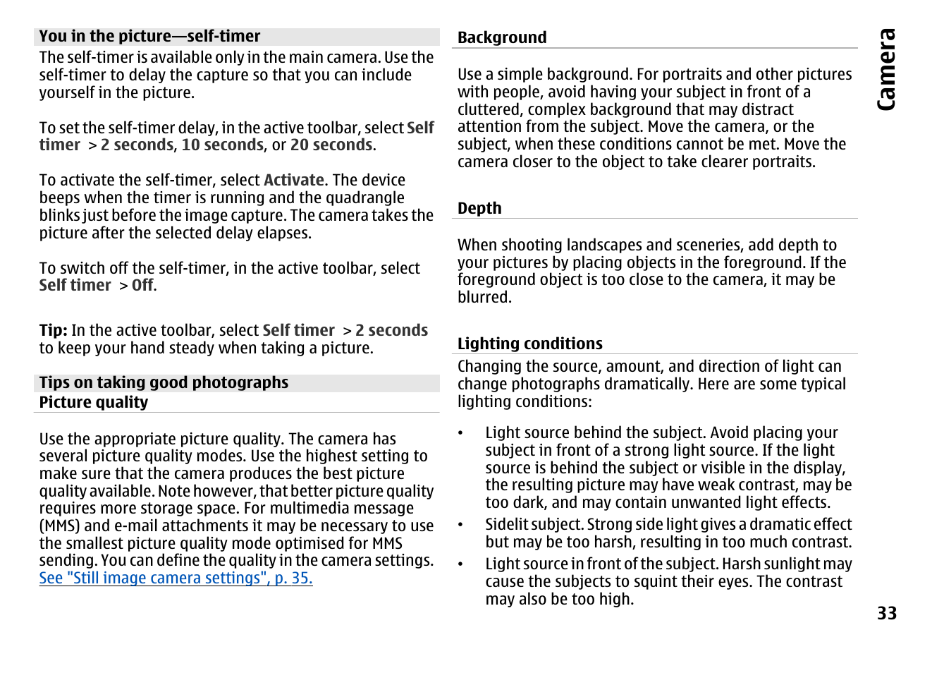 You in the picture—self-timer, Tips on taking good photographs, Ca mera | Nokia MOBILE PHONE N86 User Manual | Page 33 / 159