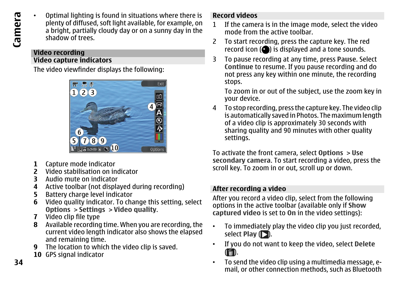 Video recording, Video capture indicators, Record videos | After recording a video, Ca mera | Nokia MOBILE PHONE N86 User Manual | Page 34 / 159