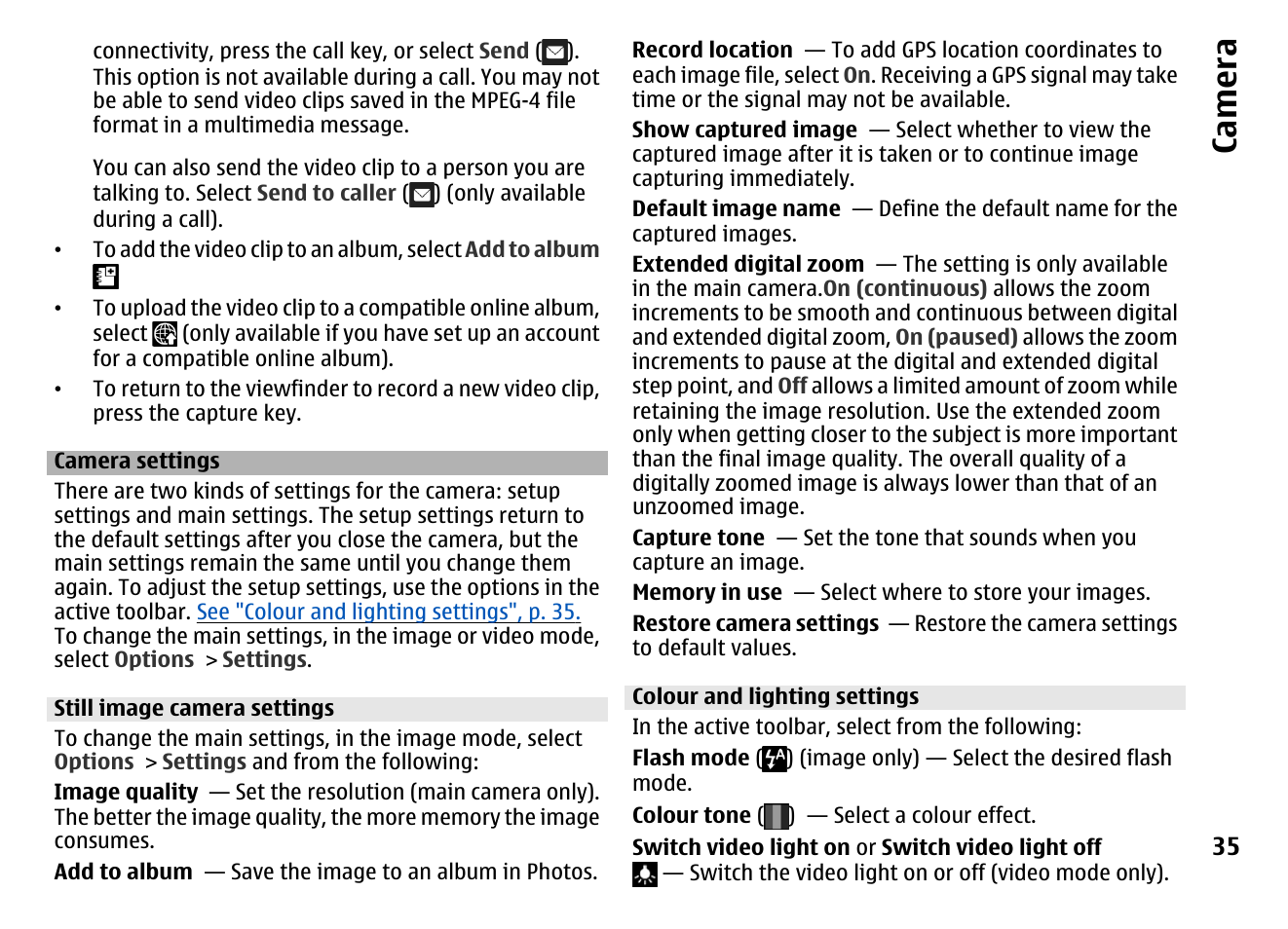 Camera settings, Still image camera settings, Colour and lighting settings | Ca mera | Nokia MOBILE PHONE N86 User Manual | Page 35 / 159