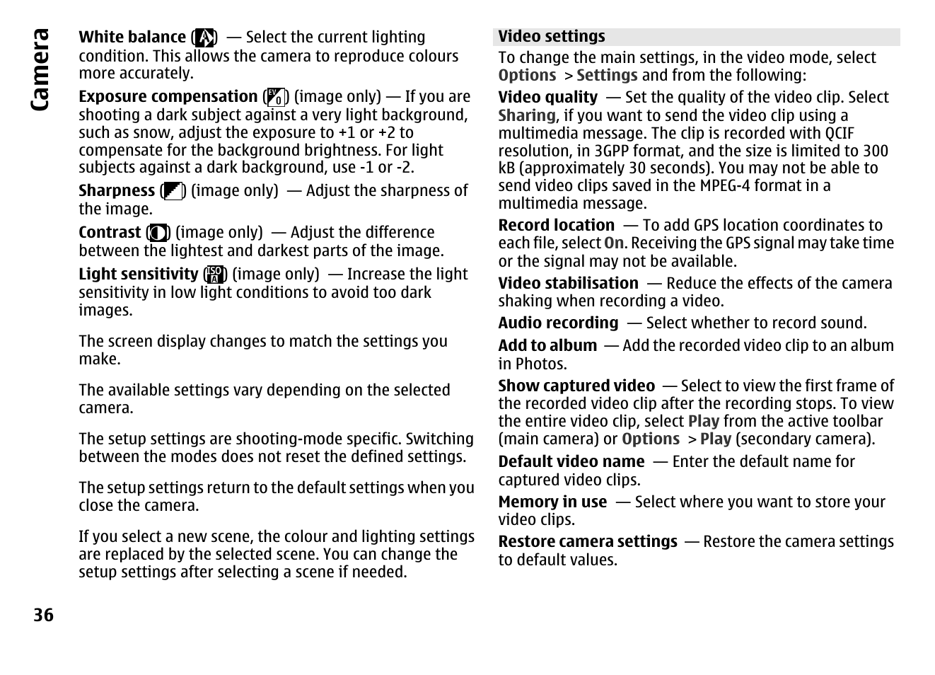 Video settings, Ca mera | Nokia MOBILE PHONE N86 User Manual | Page 36 / 159