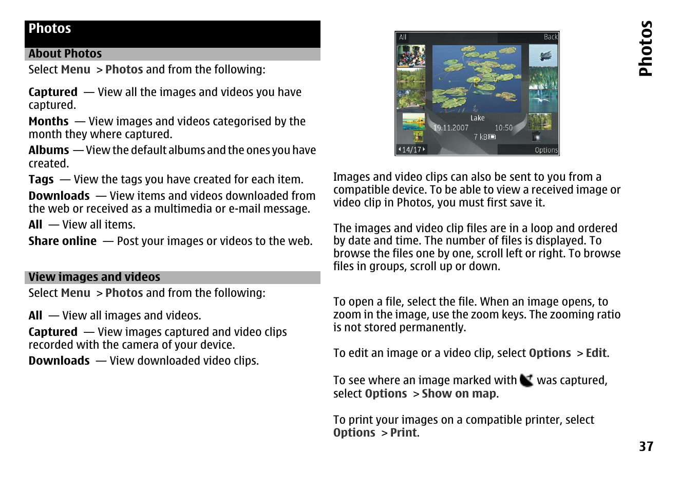 Photos, About photos, View images and videos | Ph ot os | Nokia MOBILE PHONE N86 User Manual | Page 37 / 159