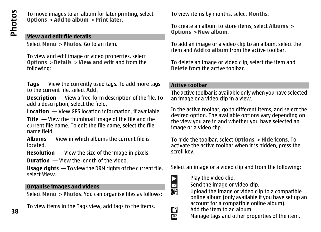 View and edit file details, Organise images and videos, Active toolbar | Ph ot os | Nokia MOBILE PHONE N86 User Manual | Page 38 / 159