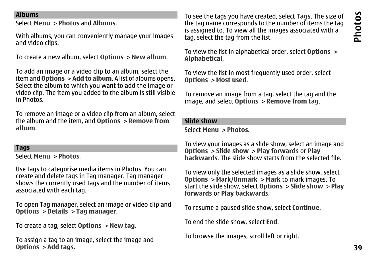 Albums, Tags, Slide show | Ph ot os | Nokia MOBILE PHONE N86 User Manual | Page 39 / 159