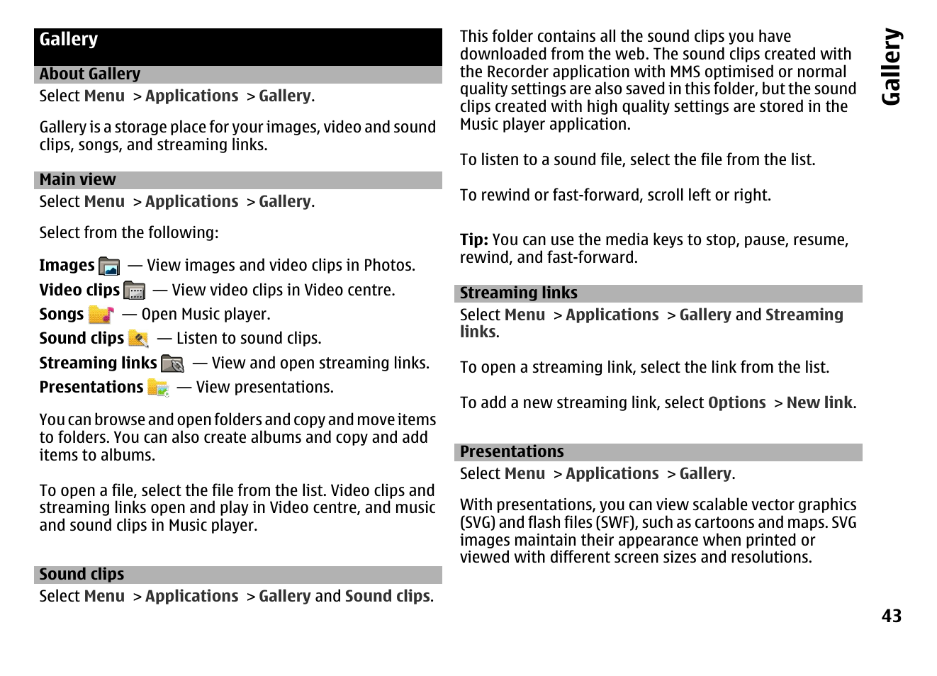 Gallery, About gallery, Main view | Sound clips, Streaming links, Presentations | Nokia MOBILE PHONE N86 User Manual | Page 43 / 159