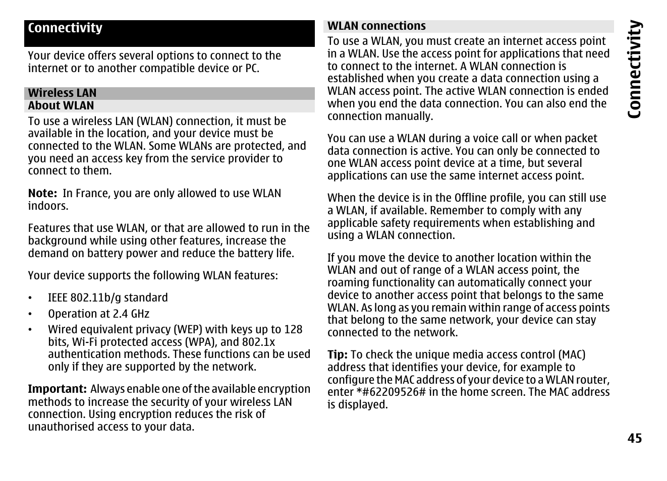 Connectivity, Wireless lan, About wlan | Wlan connections, Co nnect ivi ty | Nokia MOBILE PHONE N86 User Manual | Page 45 / 159