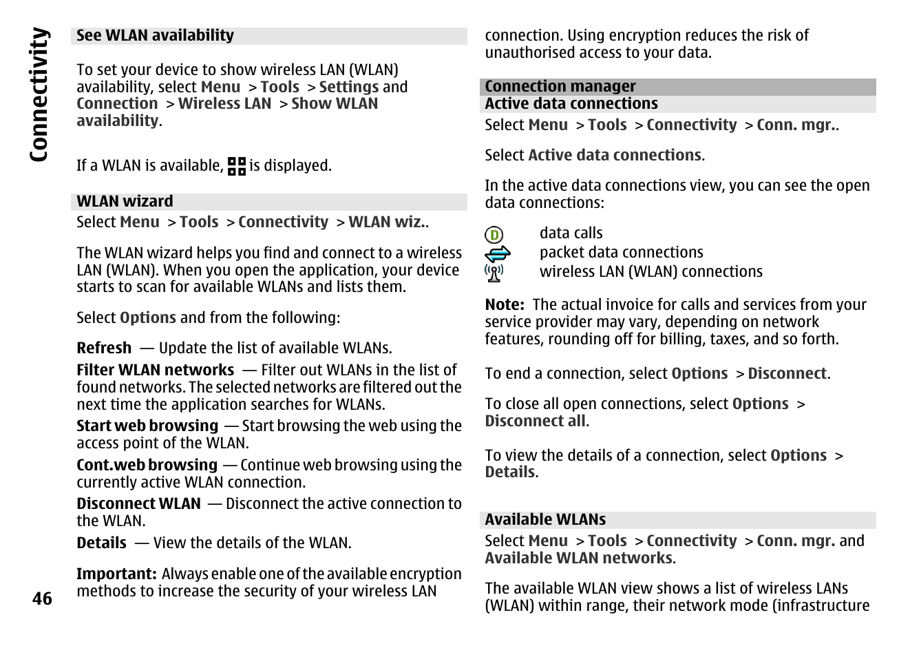 See wlan availability, Wlan wizard, Connection manager | Active data connections, Available wlans, Co nnect ivi ty | Nokia MOBILE PHONE N86 User Manual | Page 46 / 159