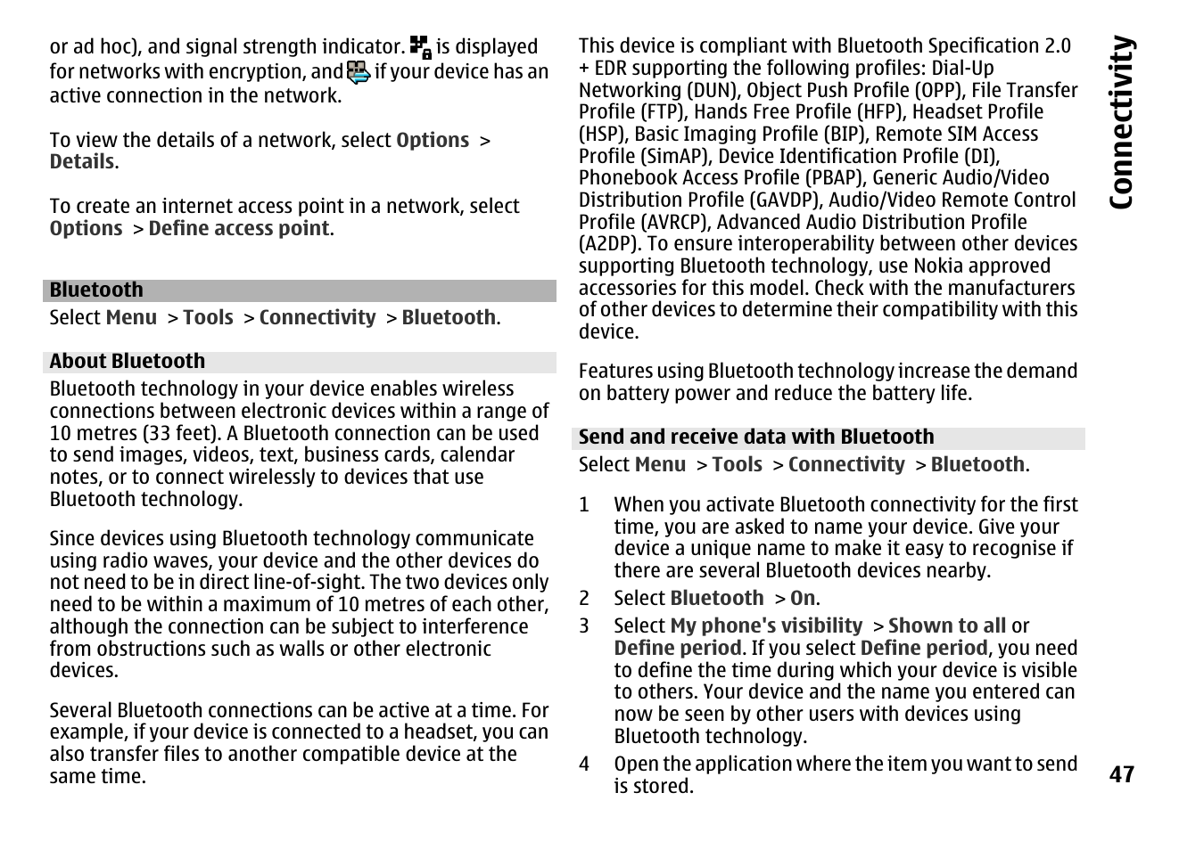 Bluetooth, About bluetooth, Send and receive data with bluetooth | Co nnect ivi ty | Nokia MOBILE PHONE N86 User Manual | Page 47 / 159