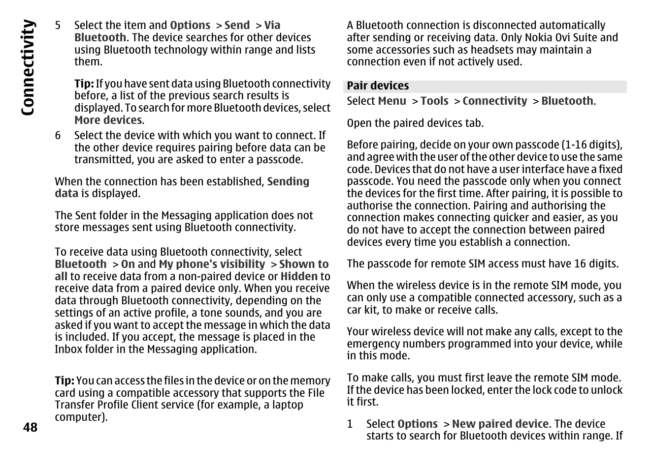 Pair devices, Co nnect ivi ty | Nokia MOBILE PHONE N86 User Manual | Page 48 / 159