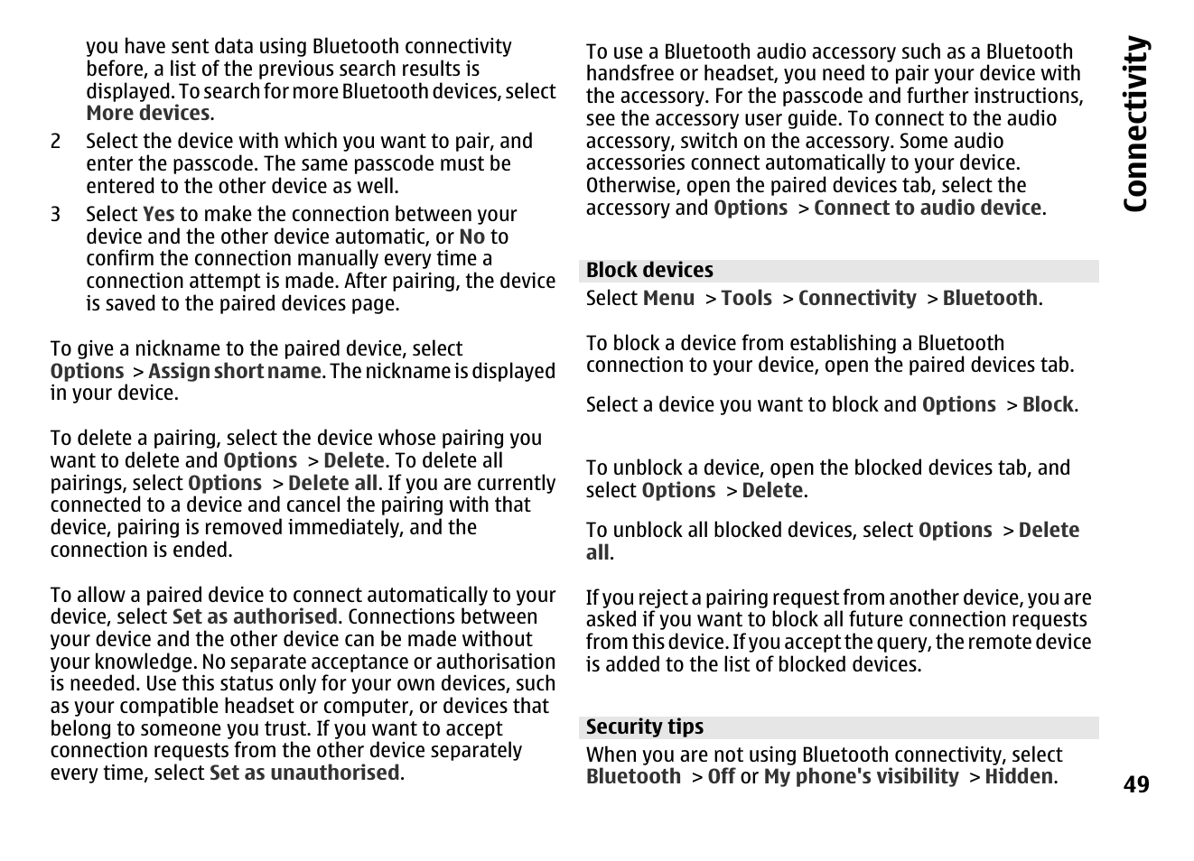 Block devices, Security tips, Co nnect ivi ty | Nokia MOBILE PHONE N86 User Manual | Page 49 / 159