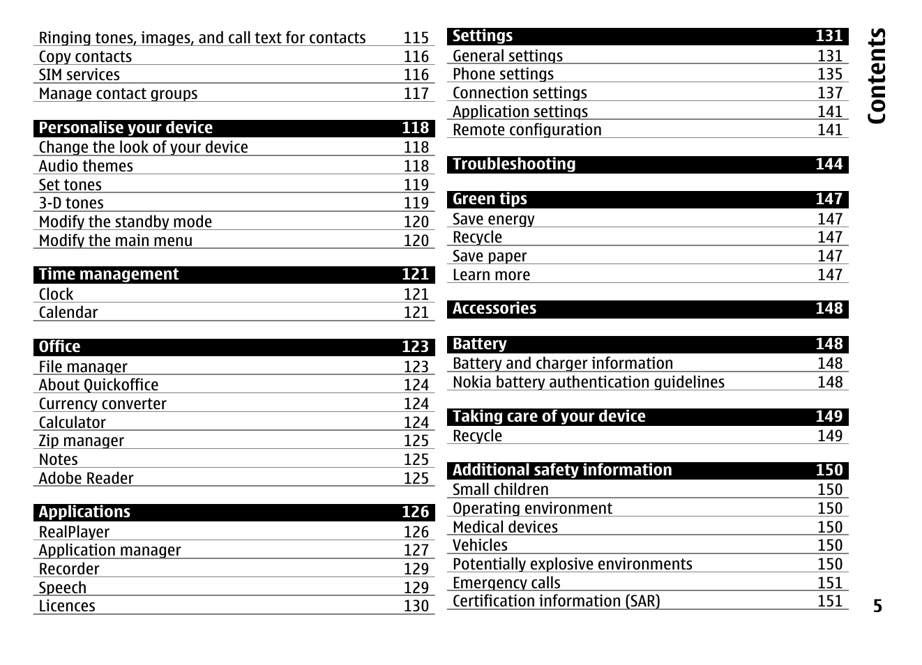 Co nte nts | Nokia MOBILE PHONE N86 User Manual | Page 5 / 159