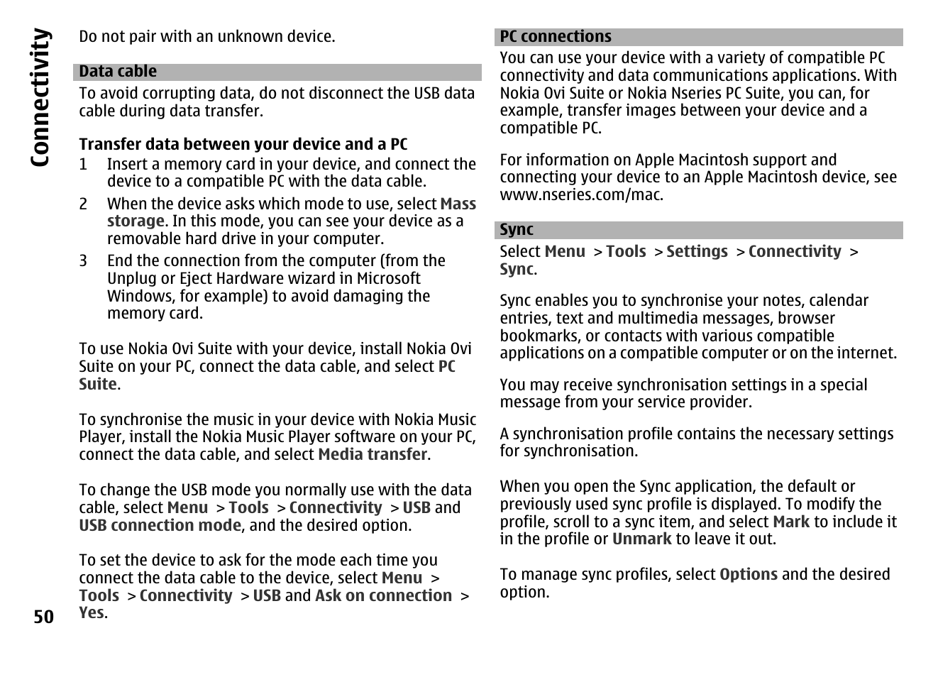 Data cable, Pc connections, Sync | Co nnect ivi ty | Nokia MOBILE PHONE N86 User Manual | Page 50 / 159