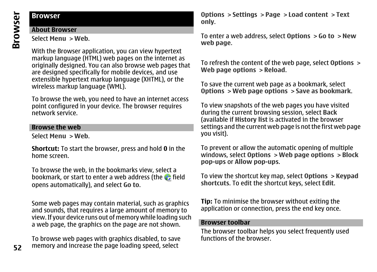 Browser, About browser, Browse the web | Browser toolbar | Nokia MOBILE PHONE N86 User Manual | Page 52 / 159