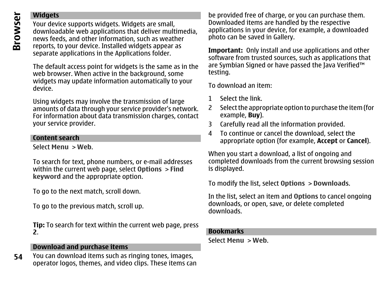 Widgets, Content search, Download and purchase items | Bookmarks, Browser | Nokia MOBILE PHONE N86 User Manual | Page 54 / 159