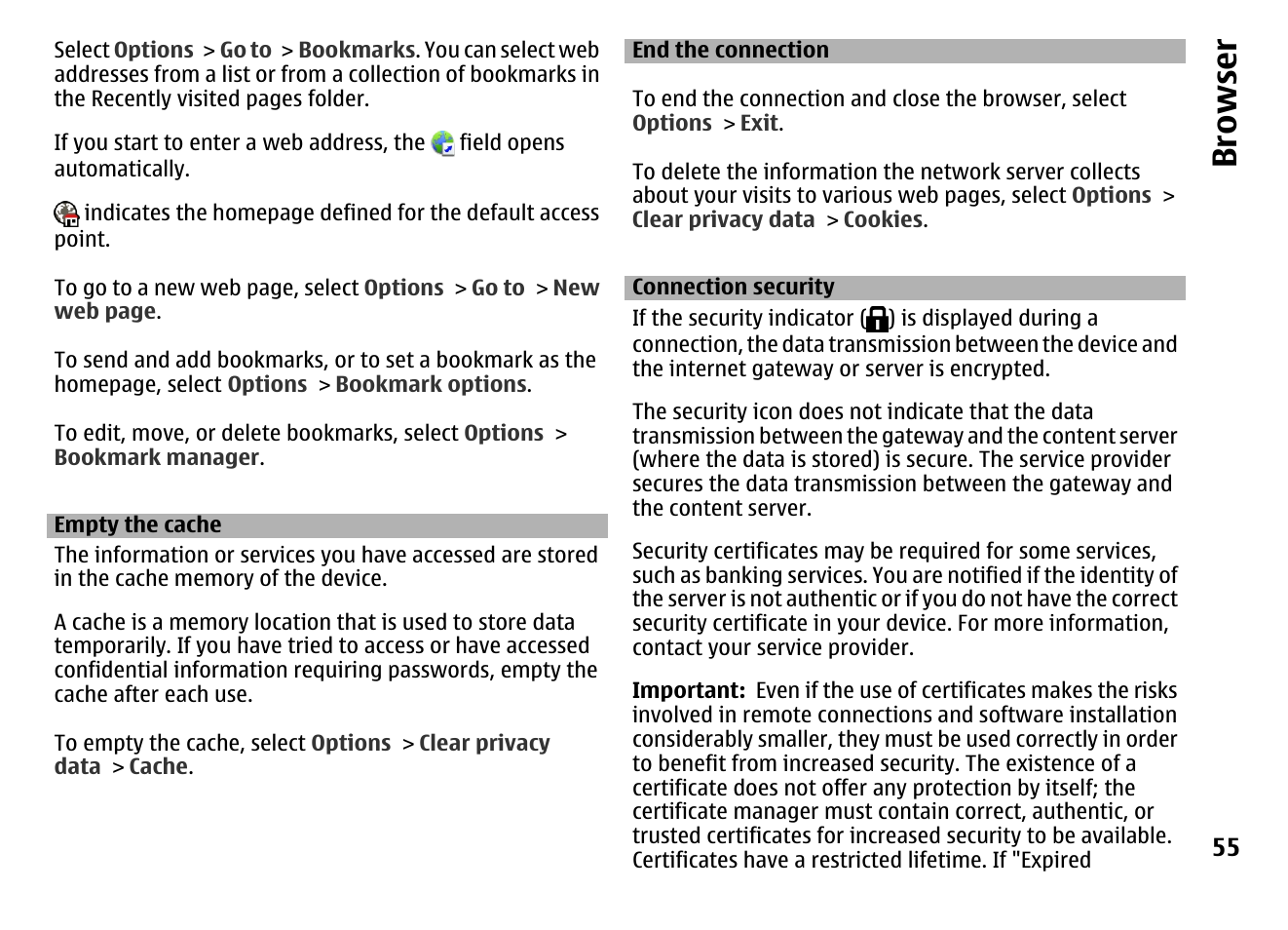 Empty the cache, End the connection, Connection security | Browser | Nokia MOBILE PHONE N86 User Manual | Page 55 / 159
