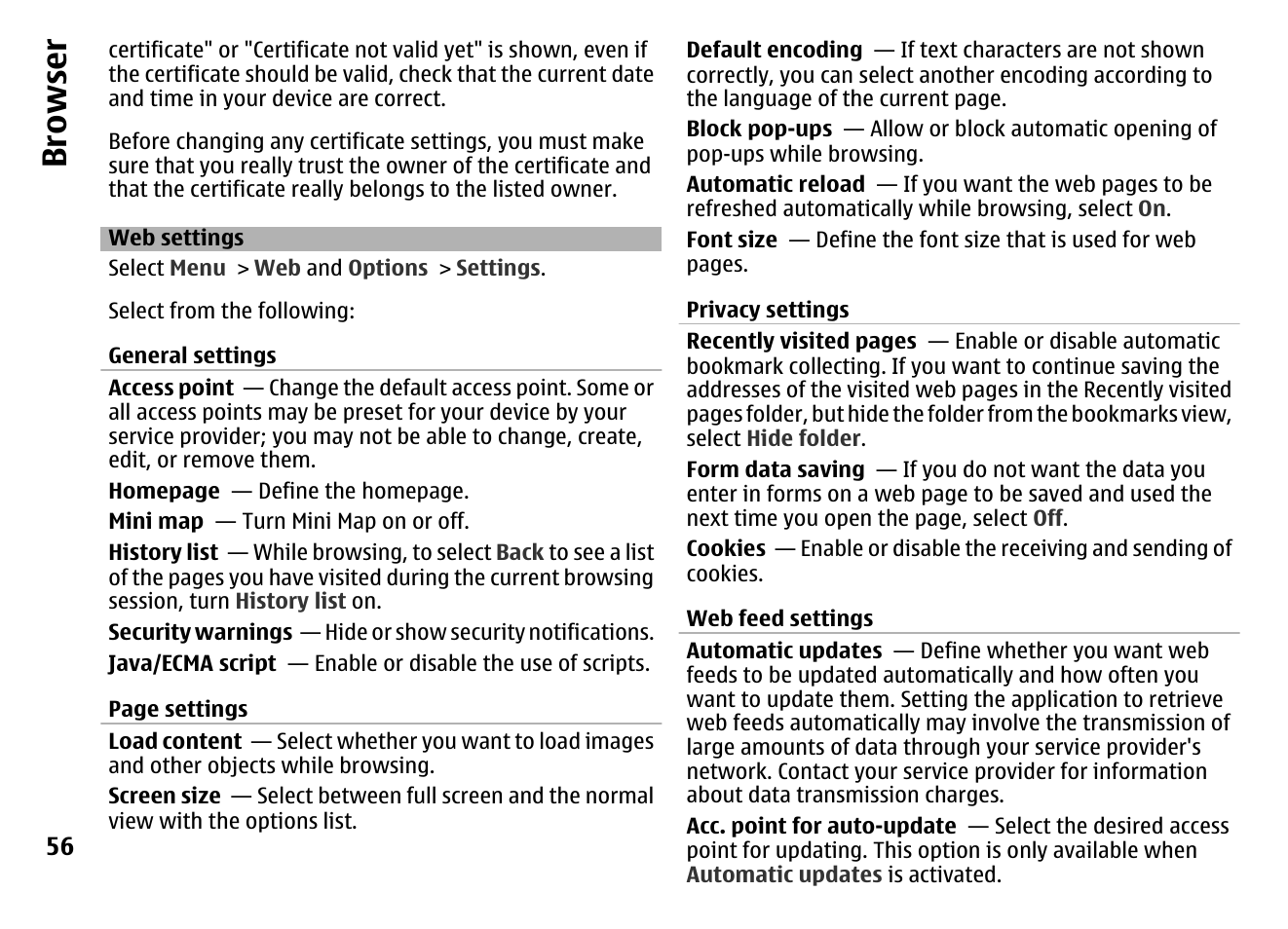 Web settings, Browser | Nokia MOBILE PHONE N86 User Manual | Page 56 / 159