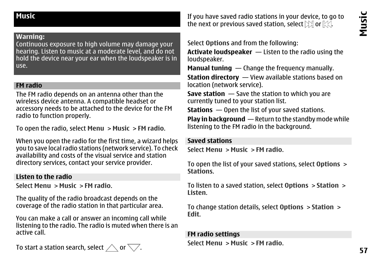 Music, Fm radio, Listen to the radio | Saved stations, Fm radio settings | Nokia MOBILE PHONE N86 User Manual | Page 57 / 159