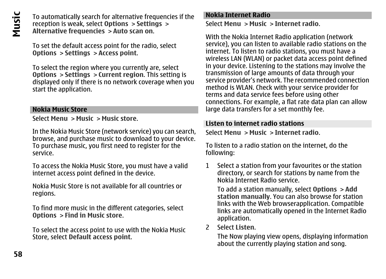 Nokia music store, Nokia internet radio, Listen to internet radio stations | Music | Nokia MOBILE PHONE N86 User Manual | Page 58 / 159