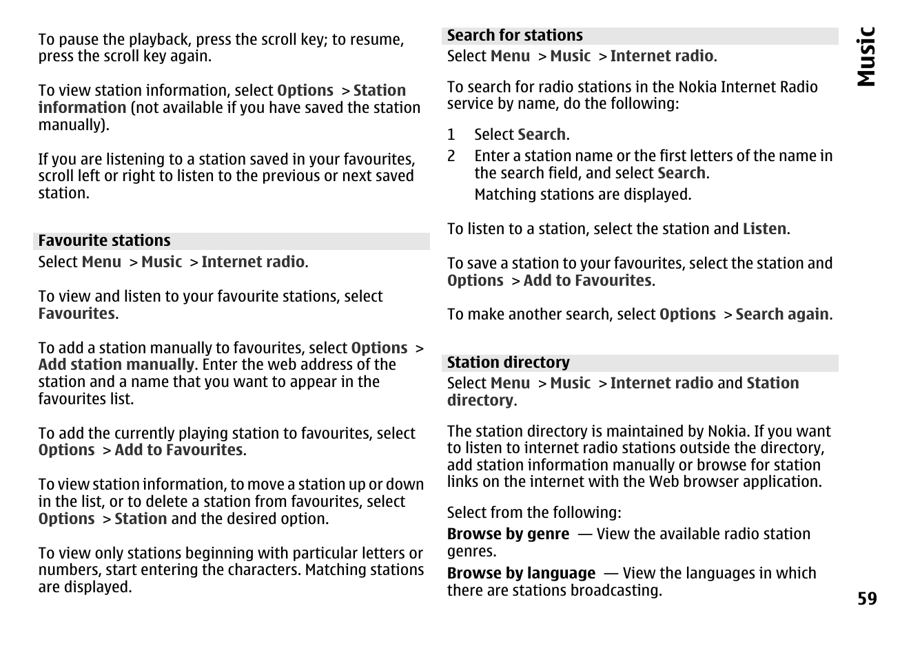 Favourite stations, Search for stations, Station directory | Music | Nokia MOBILE PHONE N86 User Manual | Page 59 / 159