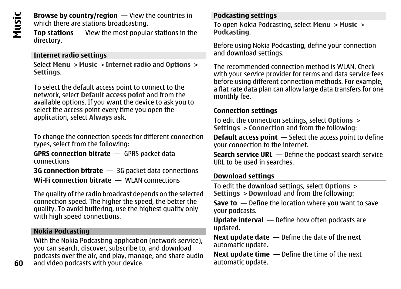 Internet radio settings, Nokia podcasting, Podcasting settings | Music | Nokia MOBILE PHONE N86 User Manual | Page 60 / 159