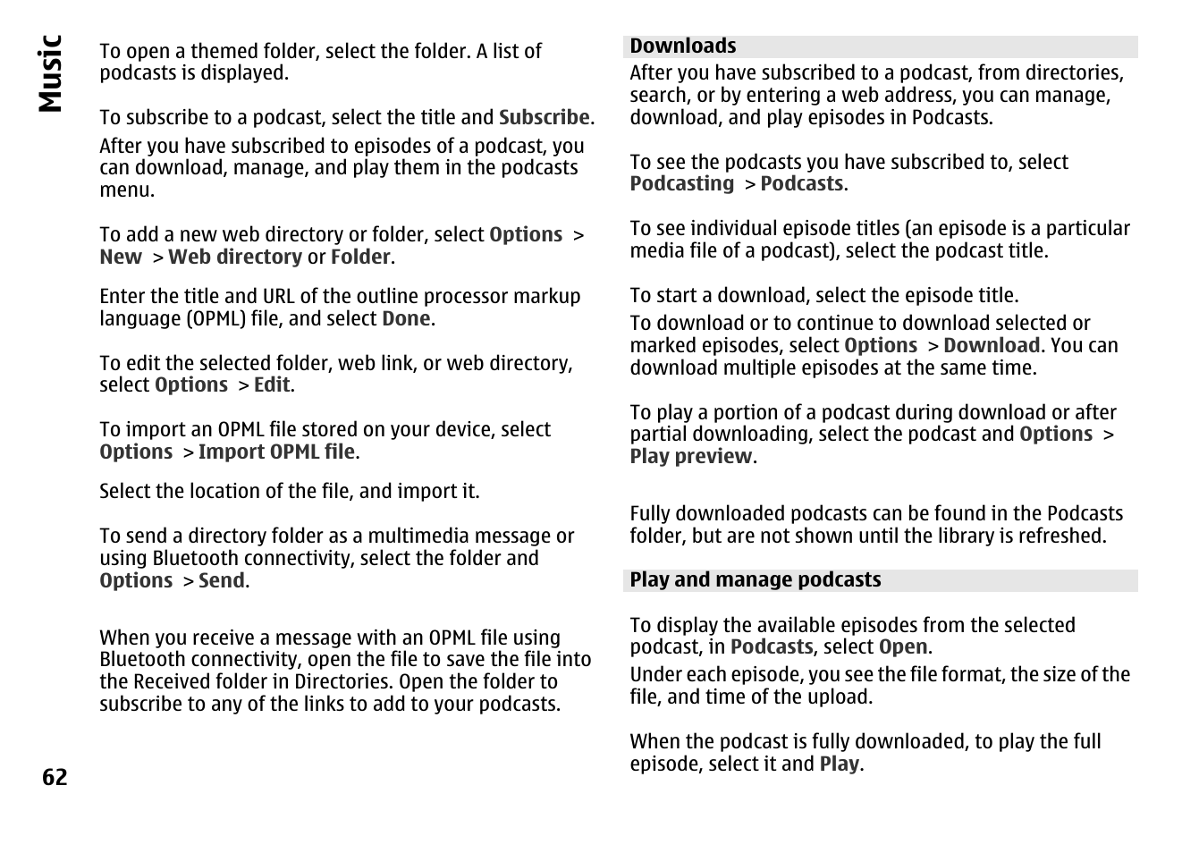 Downloads, Play and manage podcasts, Music | Nokia MOBILE PHONE N86 User Manual | Page 62 / 159