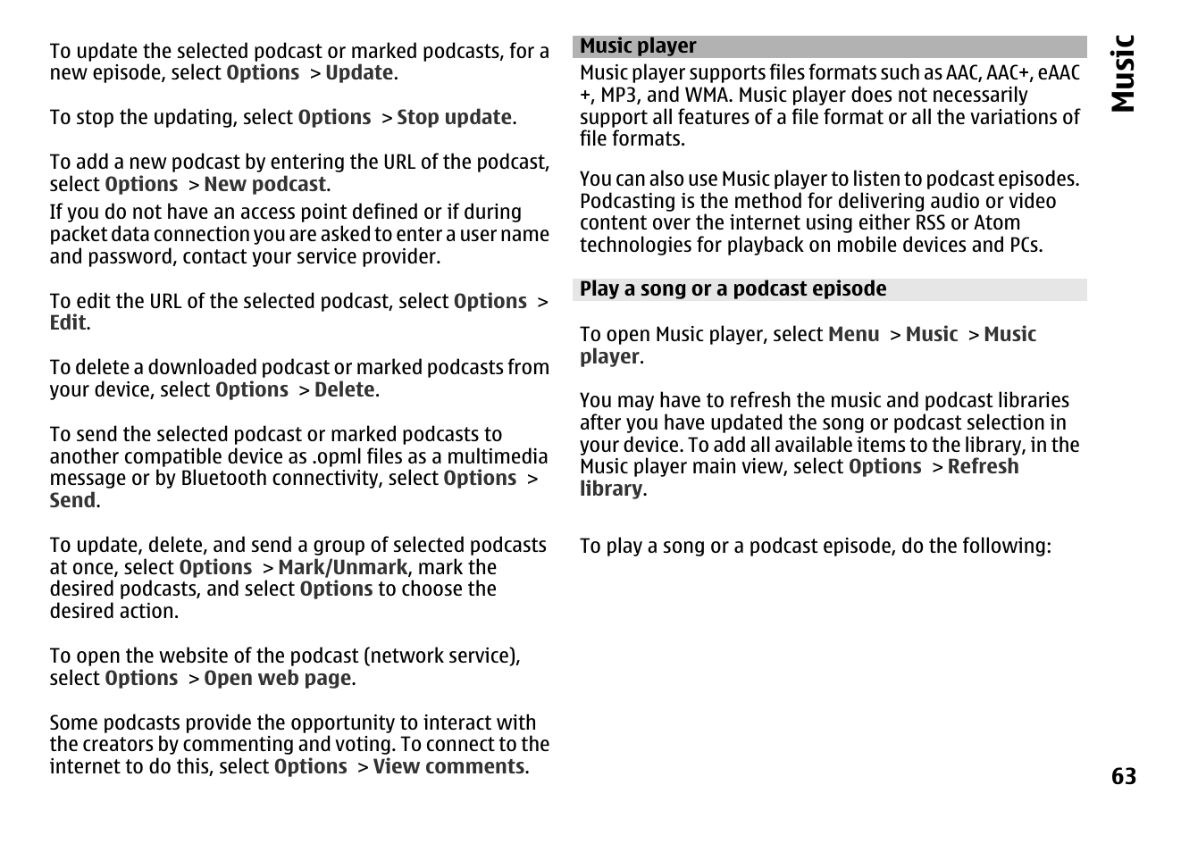 Music player, Play a song or a podcast episode, Music | Nokia MOBILE PHONE N86 User Manual | Page 63 / 159