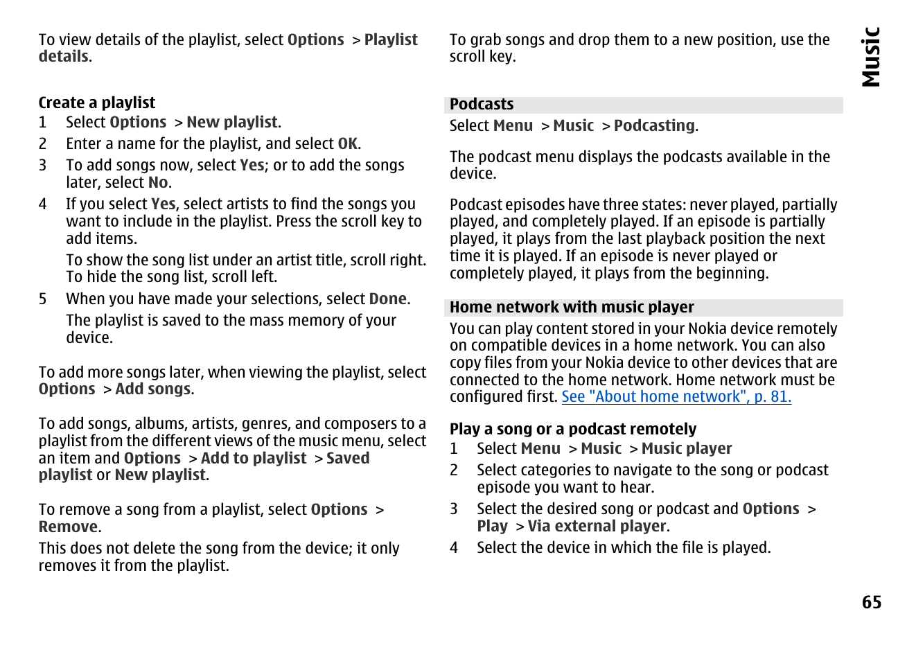 Podcasts, Home network with music player, Music | Nokia MOBILE PHONE N86 User Manual | Page 65 / 159