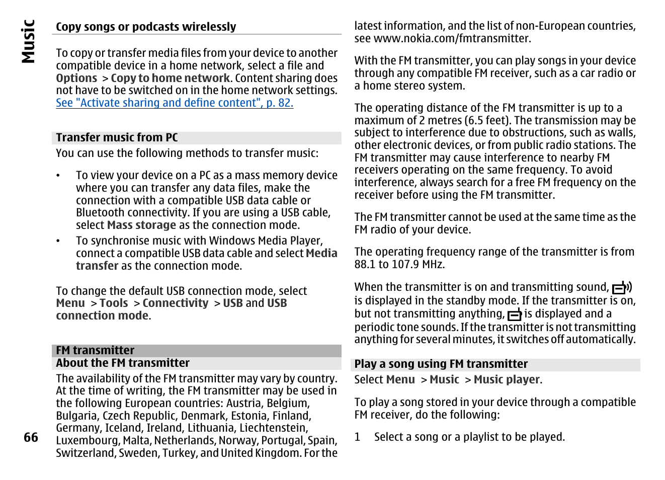 Transfer music from pc, Fm transmitter, About the fm transmitter | Play a song using fm transmitter, Music | Nokia MOBILE PHONE N86 User Manual | Page 66 / 159