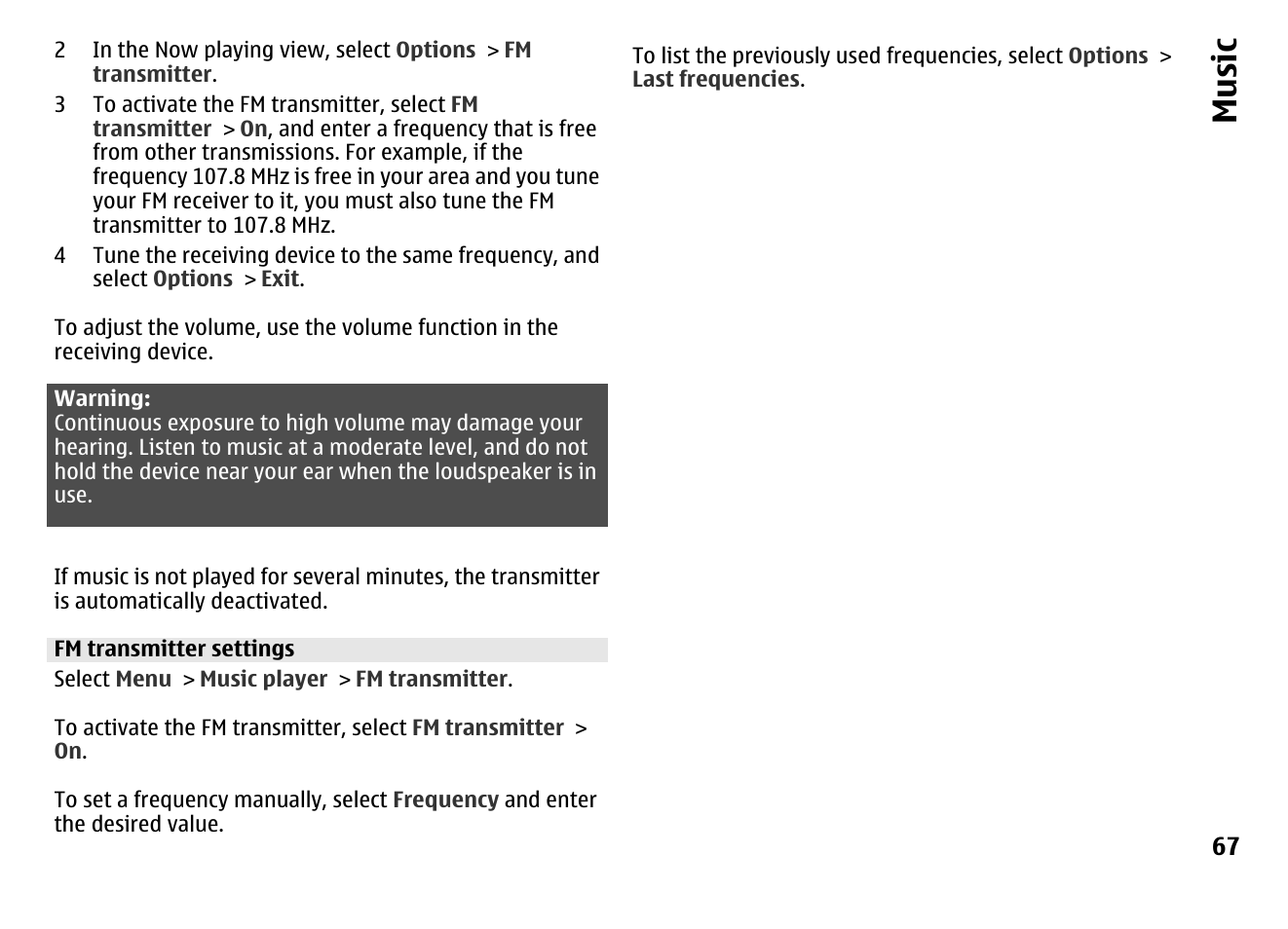 Fm transmitter settings, Music | Nokia MOBILE PHONE N86 User Manual | Page 67 / 159