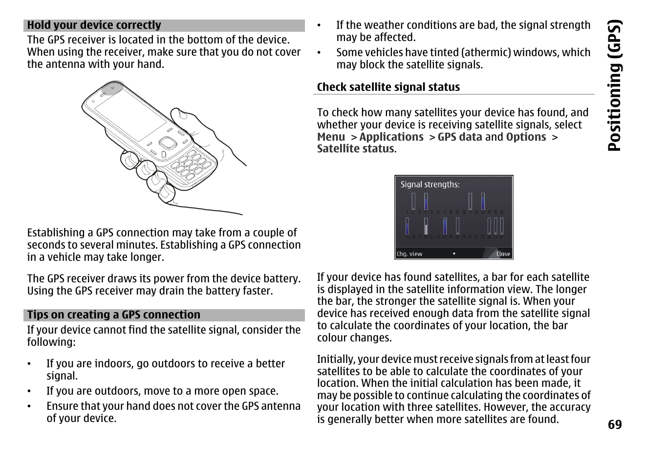 Hold your device correctly, Tips on creating a gps connection, Positioning (gps) | Nokia MOBILE PHONE N86 User Manual | Page 69 / 159