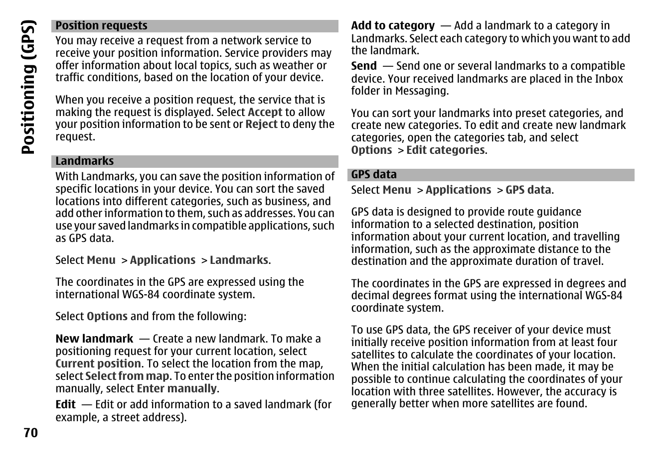 Position requests, Landmarks, Gps data | Landmarks 70, Positioning (gps) | Nokia MOBILE PHONE N86 User Manual | Page 70 / 159