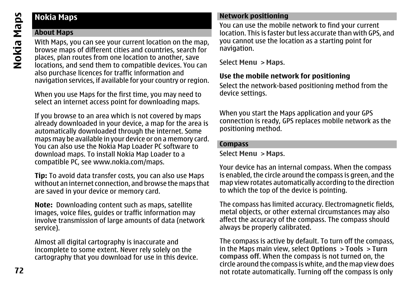 Nokia maps, About maps, Network positioning | Compass | Nokia MOBILE PHONE N86 User Manual | Page 72 / 159