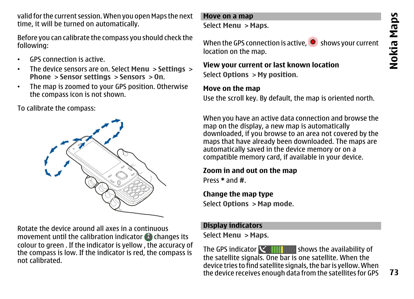 Move on a map, Display indicators, Nokia maps | Nokia MOBILE PHONE N86 User Manual | Page 73 / 159