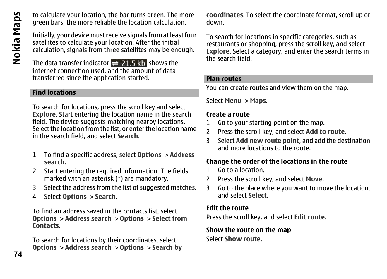 Find locations, Plan routes, Nokia maps | Nokia MOBILE PHONE N86 User Manual | Page 74 / 159