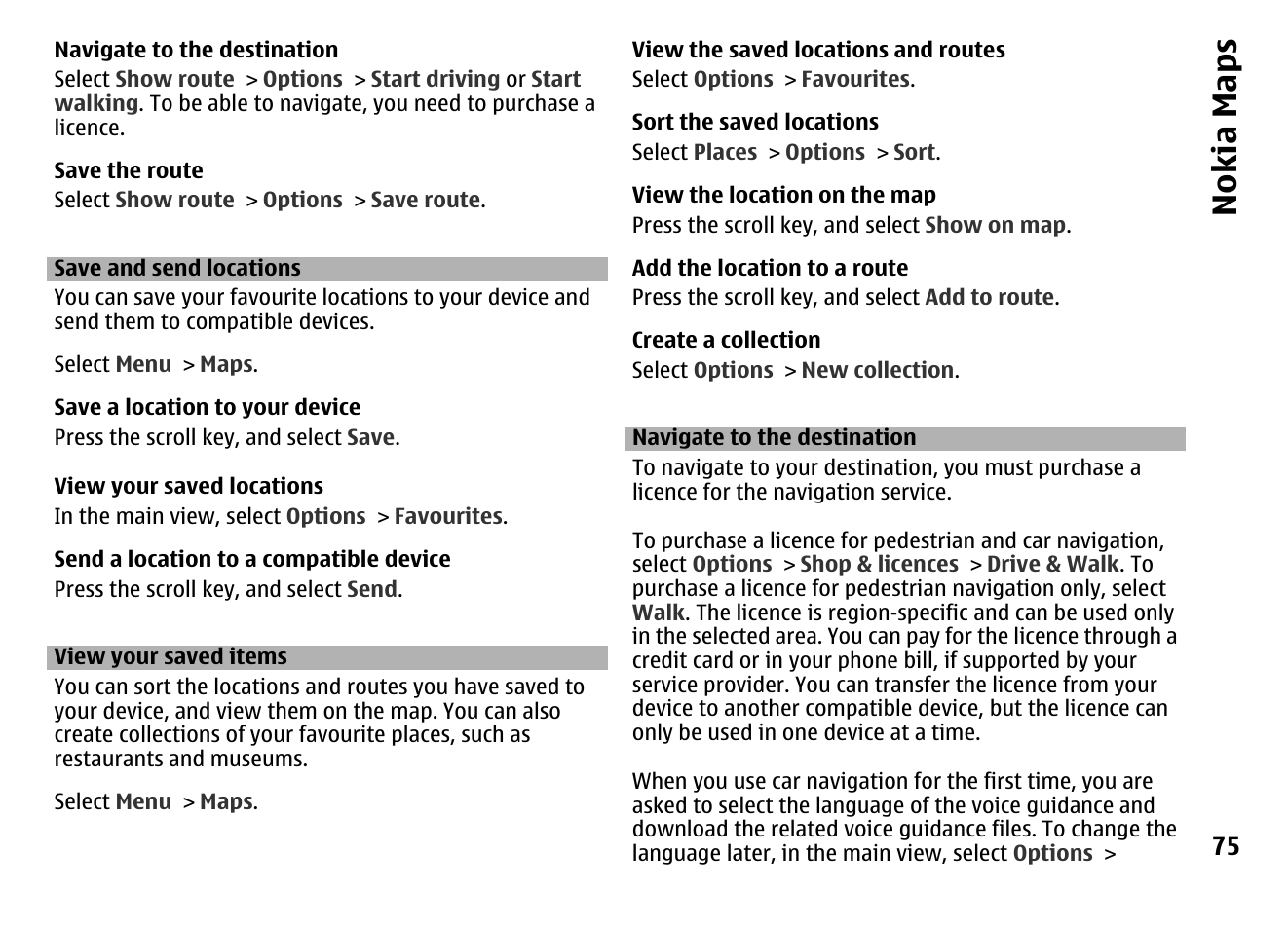 Save and send locations, View your saved items, Navigate to the destination | Nokia maps | Nokia MOBILE PHONE N86 User Manual | Page 75 / 159