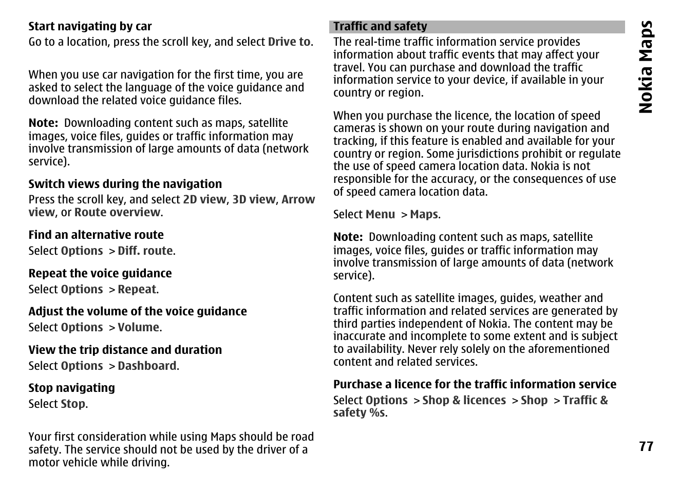 Traffic and safety, Nokia maps | Nokia MOBILE PHONE N86 User Manual | Page 77 / 159