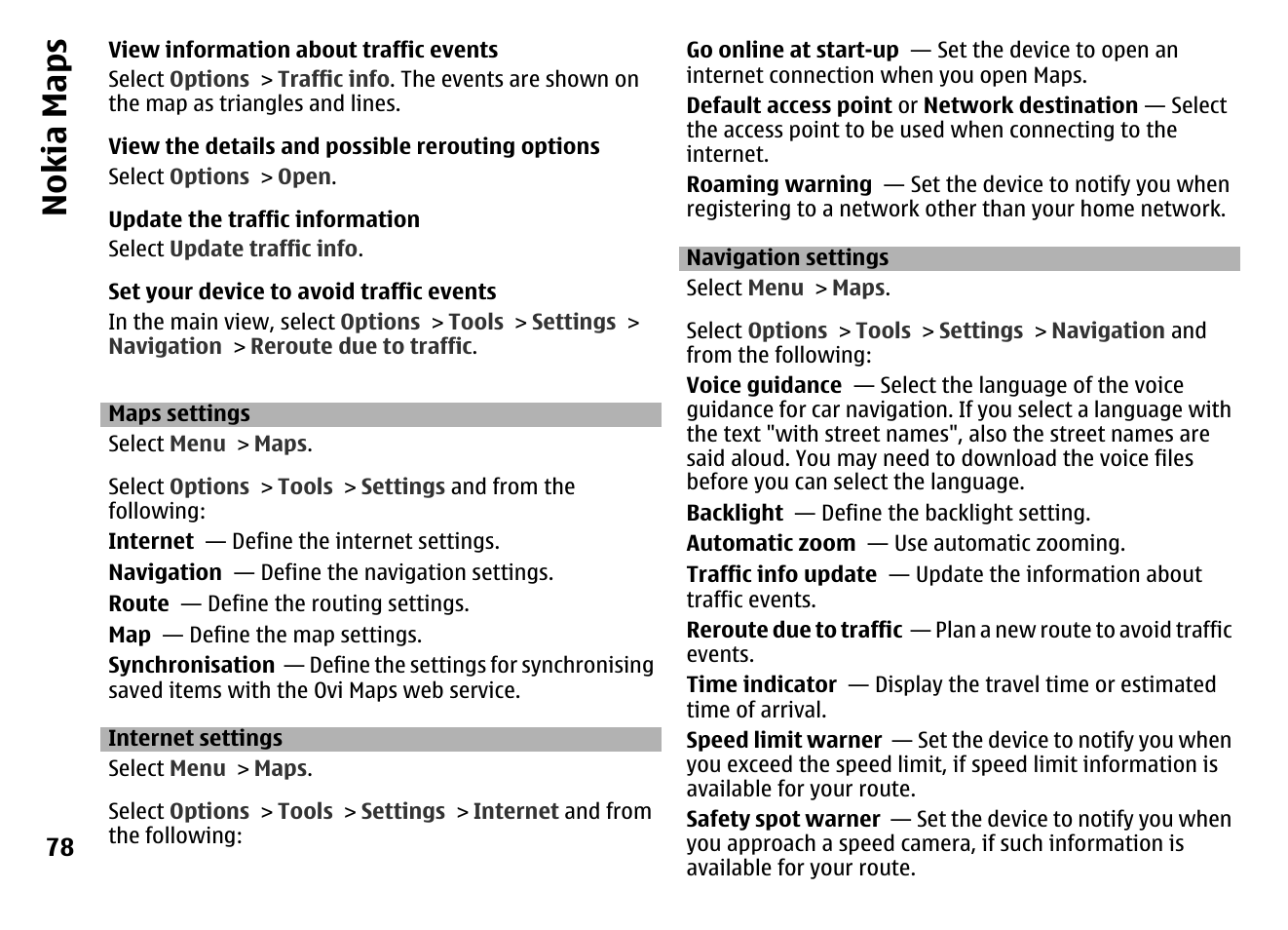 Maps settings, Internet settings, Navigation settings | Nokia maps | Nokia MOBILE PHONE N86 User Manual | Page 78 / 159