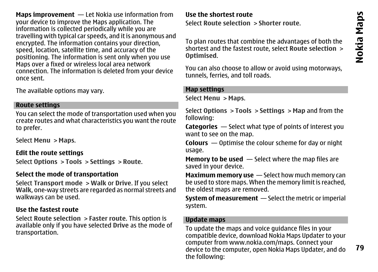 Route settings, Map settings, Update maps | Nokia maps | Nokia MOBILE PHONE N86 User Manual | Page 79 / 159