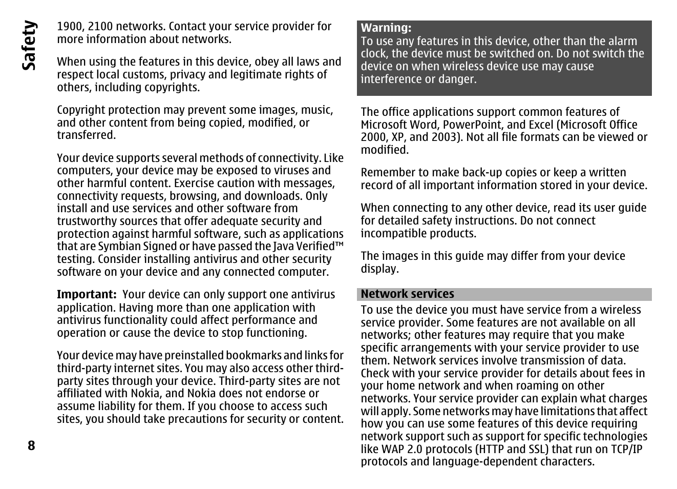 Network services, Safet y | Nokia MOBILE PHONE N86 User Manual | Page 8 / 159
