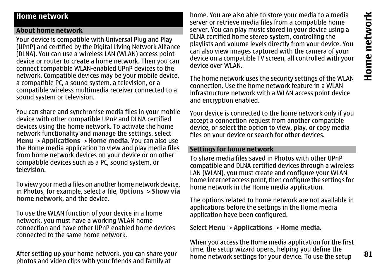 Home network, About home network, Settings for home network | Nokia MOBILE PHONE N86 User Manual | Page 81 / 159