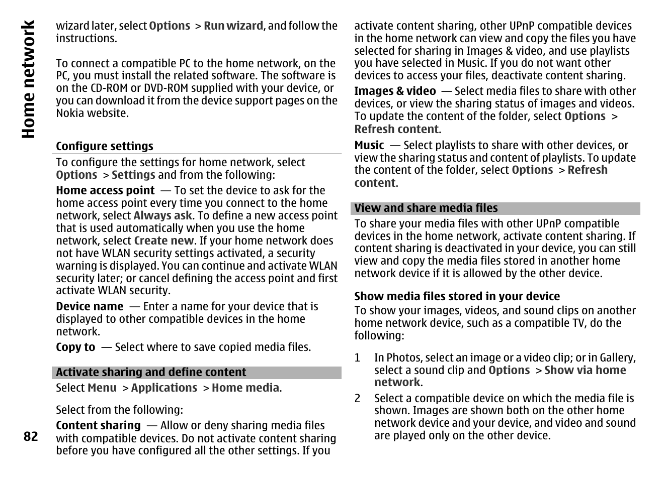 Activate sharing and define content, View and share media files, Home network | Nokia MOBILE PHONE N86 User Manual | Page 82 / 159