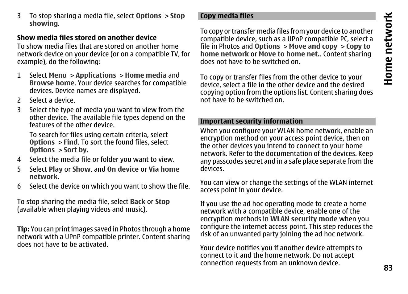 Copy media files, Important security information, Home network | Nokia MOBILE PHONE N86 User Manual | Page 83 / 159