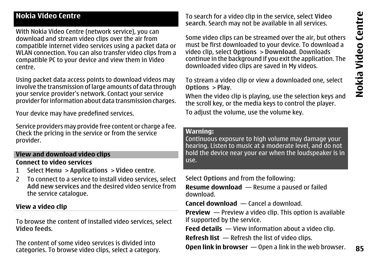 Nokia video centre, View and download video clips | Nokia MOBILE PHONE N86 User Manual | Page 85 / 159