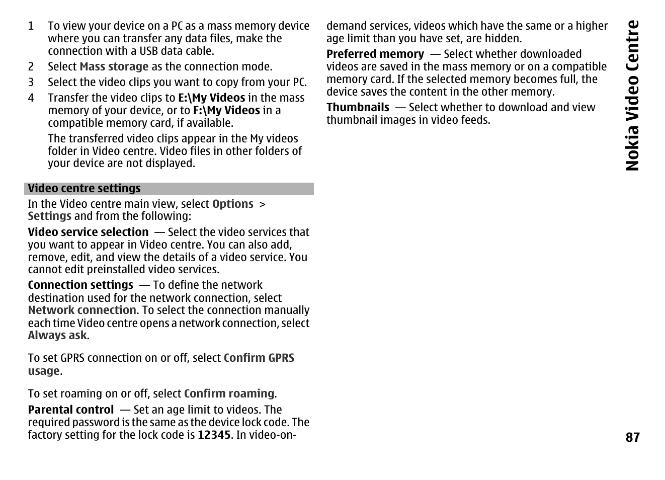 Video centre settings, Nokia video centre | Nokia MOBILE PHONE N86 User Manual | Page 87 / 159