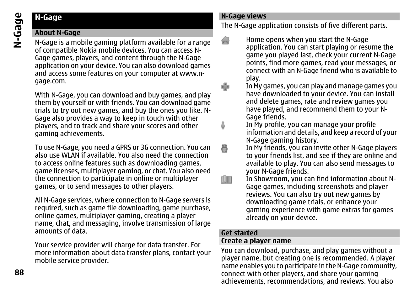 N-gage, About n-gage, N-gage views | Get started, Create a player name | Nokia MOBILE PHONE N86 User Manual | Page 88 / 159