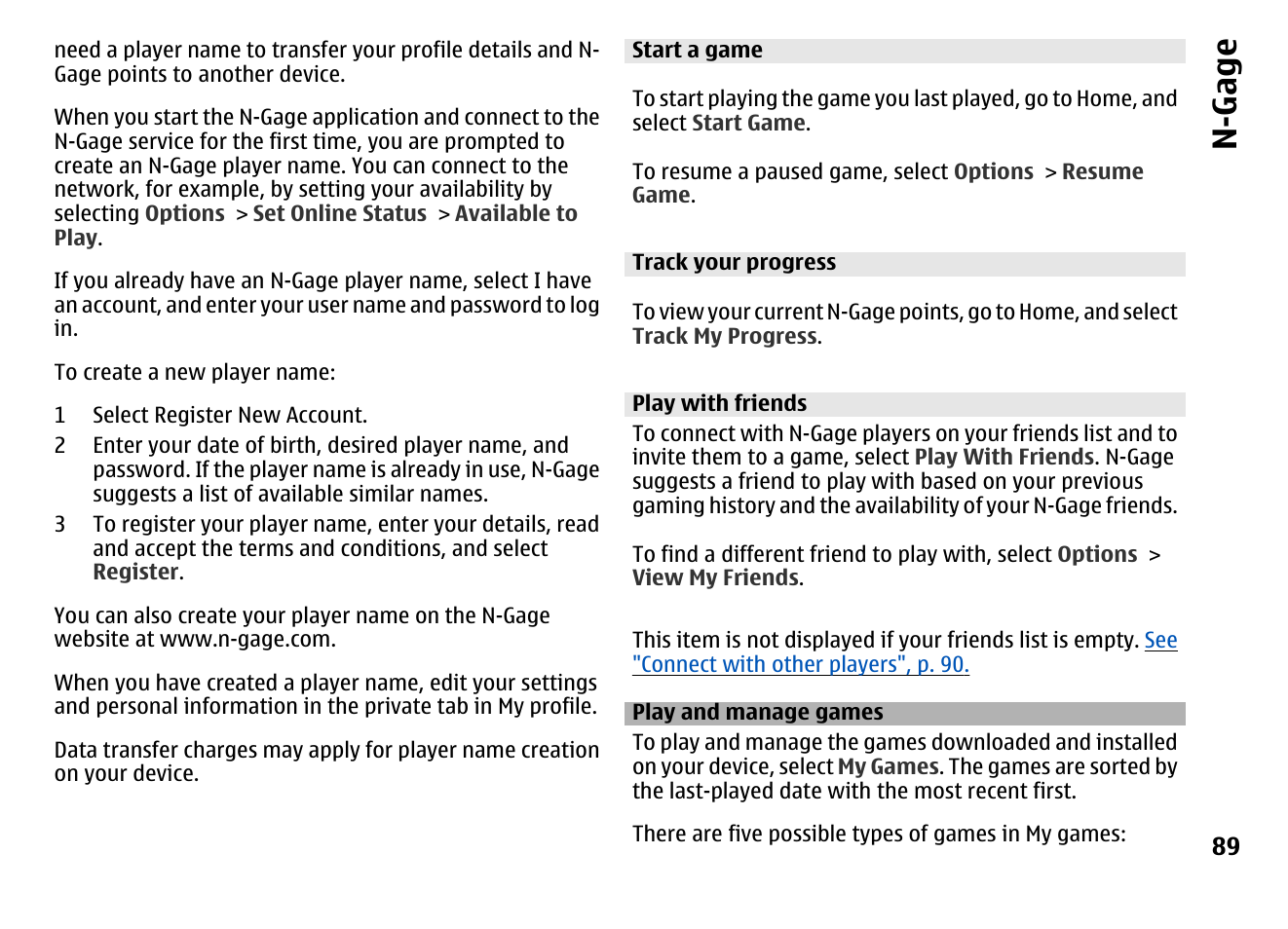 Start a game, Track your progress, Play with friends | Play and manage games, N-gage | Nokia MOBILE PHONE N86 User Manual | Page 89 / 159