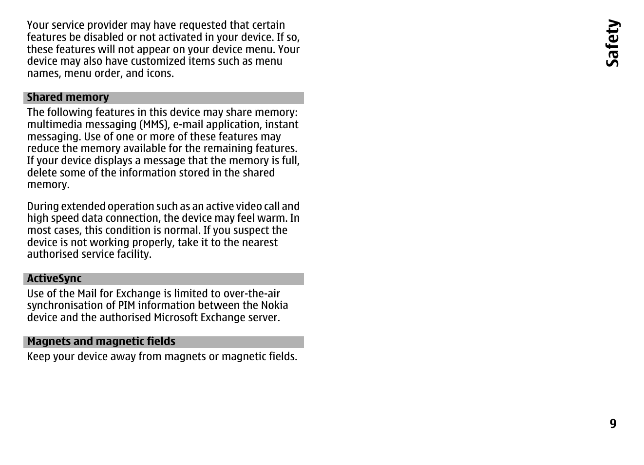 Shared memory, Activesync, Magnets and magnetic fields | Safet y | Nokia MOBILE PHONE N86 User Manual | Page 9 / 159