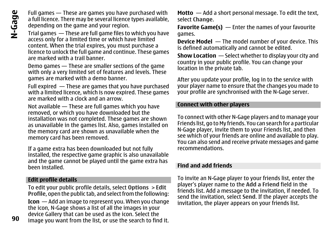 Edit profile details, Connect with other players, Find and add friends | N-gage | Nokia MOBILE PHONE N86 User Manual | Page 90 / 159