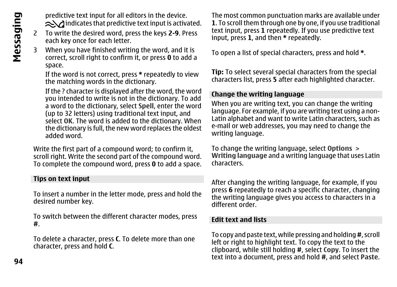 Tips on text input, Change the writing language, Edit text and lists | Messaging | Nokia MOBILE PHONE N86 User Manual | Page 94 / 159