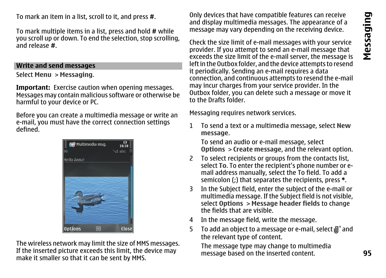 Write and send messages, Messaging | Nokia MOBILE PHONE N86 User Manual | Page 95 / 159