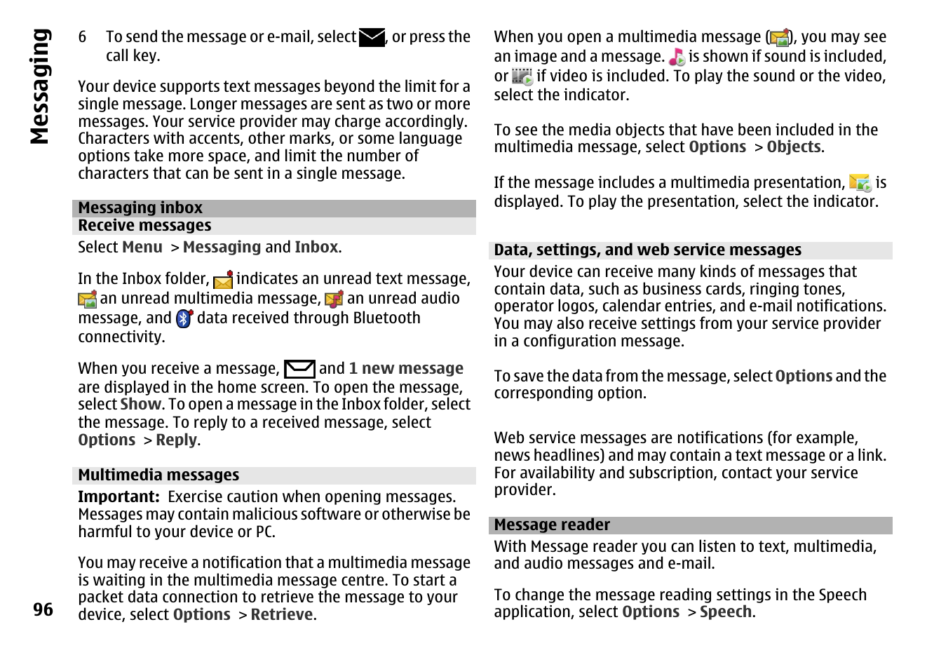 Messaging inbox, Receive messages, Multimedia messages | Data, settings, and web service messages, Message reader, Messaging | Nokia MOBILE PHONE N86 User Manual | Page 96 / 159